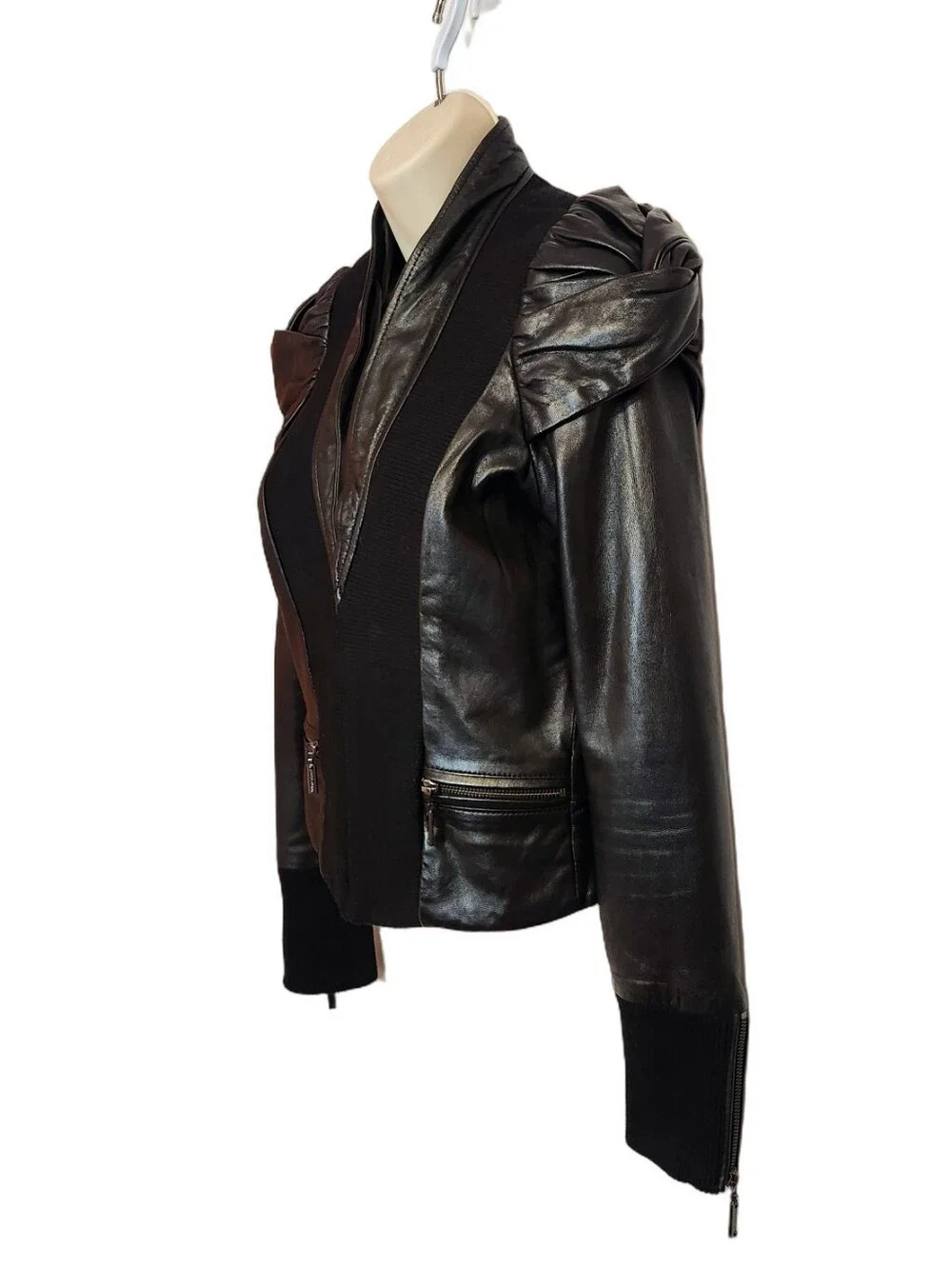 Afflication Leather Ribbed Knit Open Front Twist Puff Sleeve Moto Jacket Black M - Picture 3 of 10